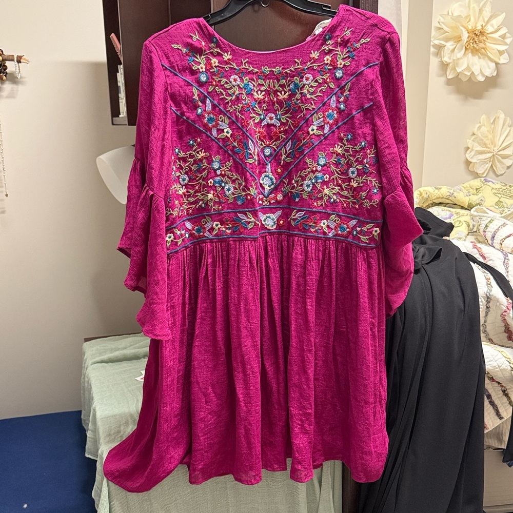 Umgee Fuchsia Embroidered Midi Dress